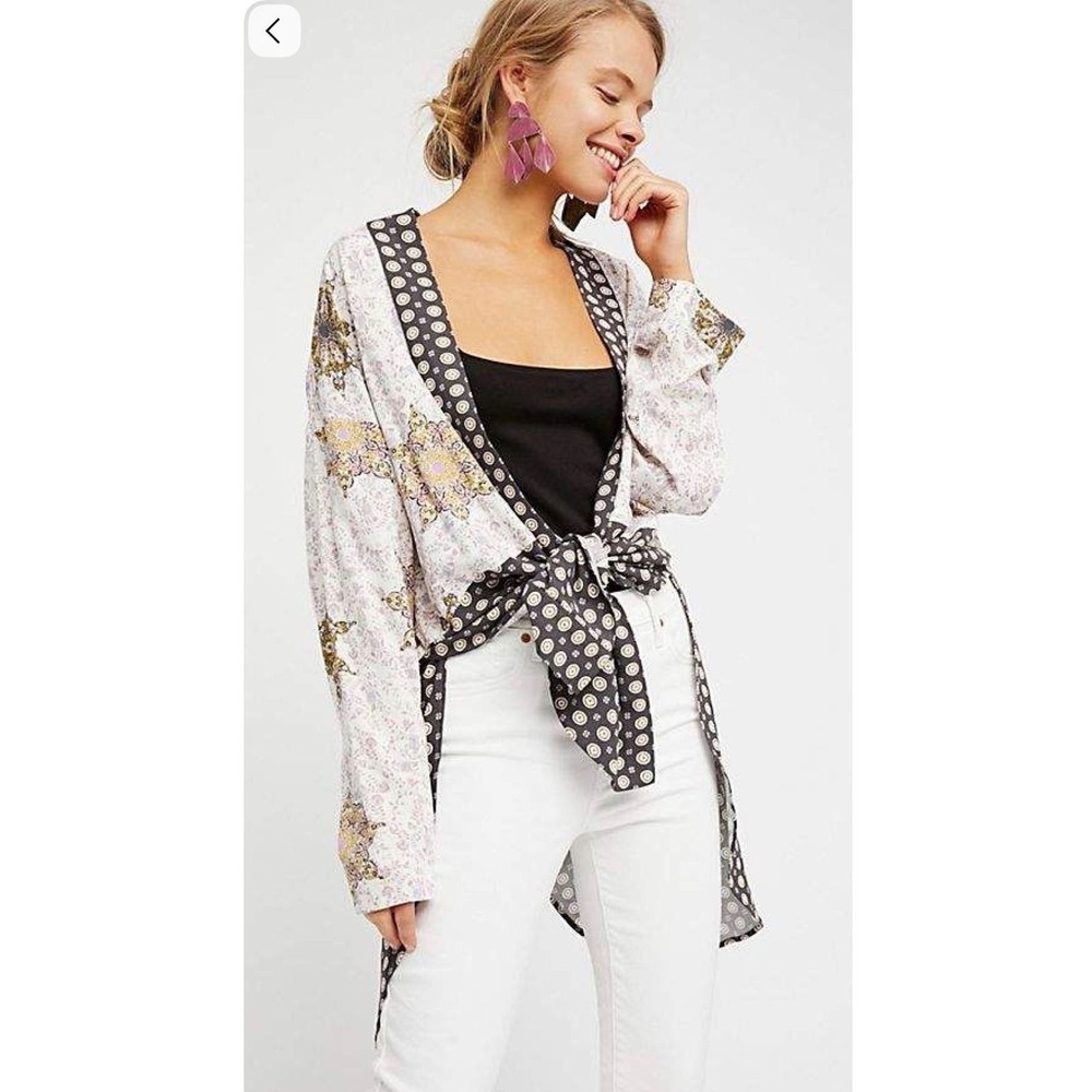 Free People Forget Me Knot Mixed Print Kimono Ivory Black OB776535 Boho Wrap